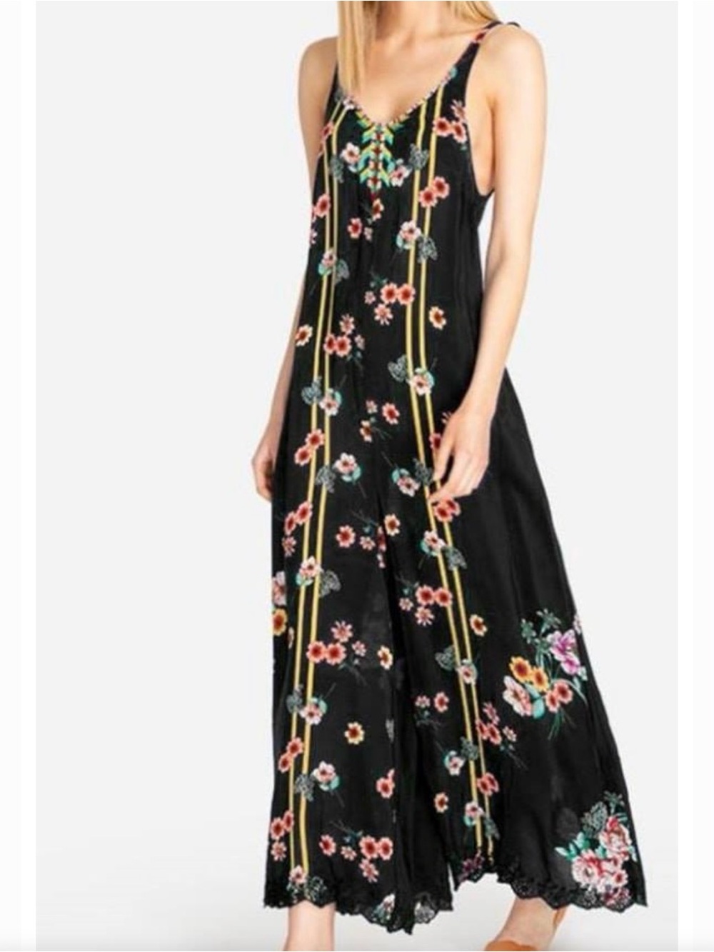 Johnny Was Navy Floral Maxi Dress with Yellow Stripe Detail